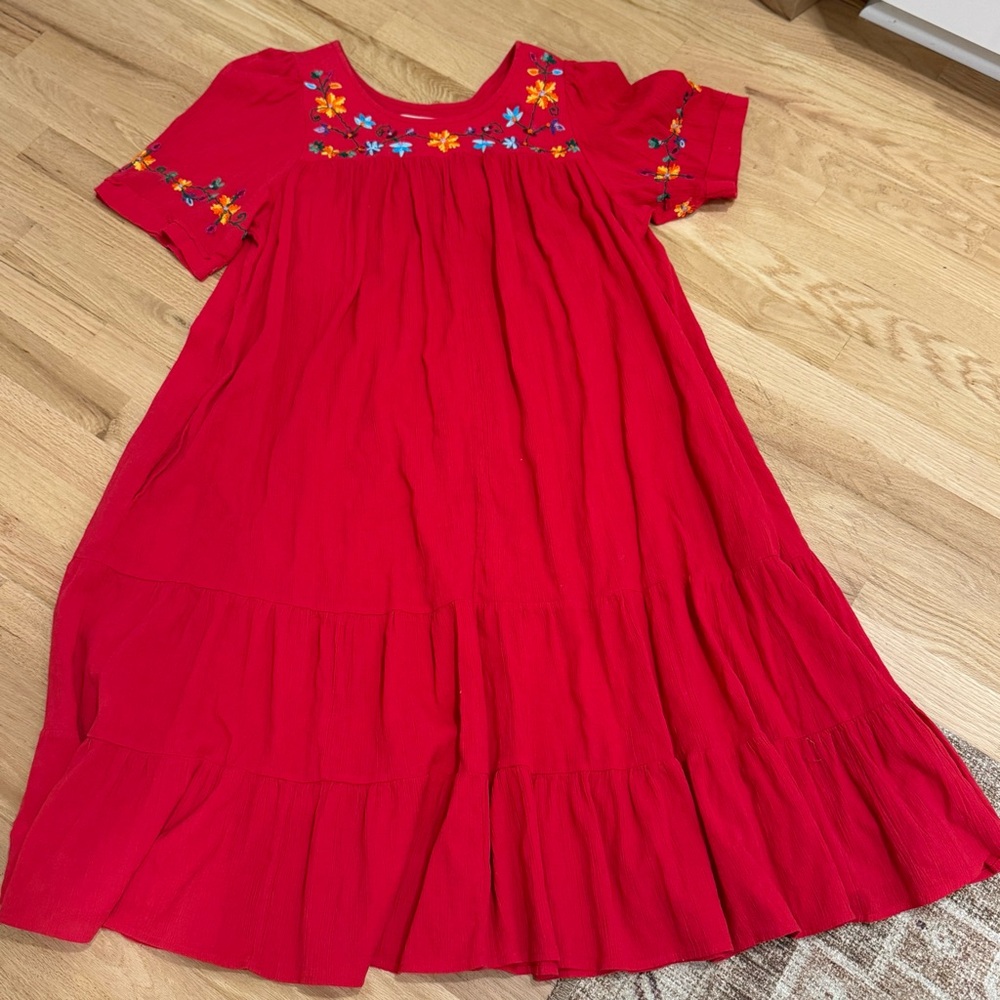 BECHAMEL / Red Embroidered Cotton dress w/ Pockets  Size S